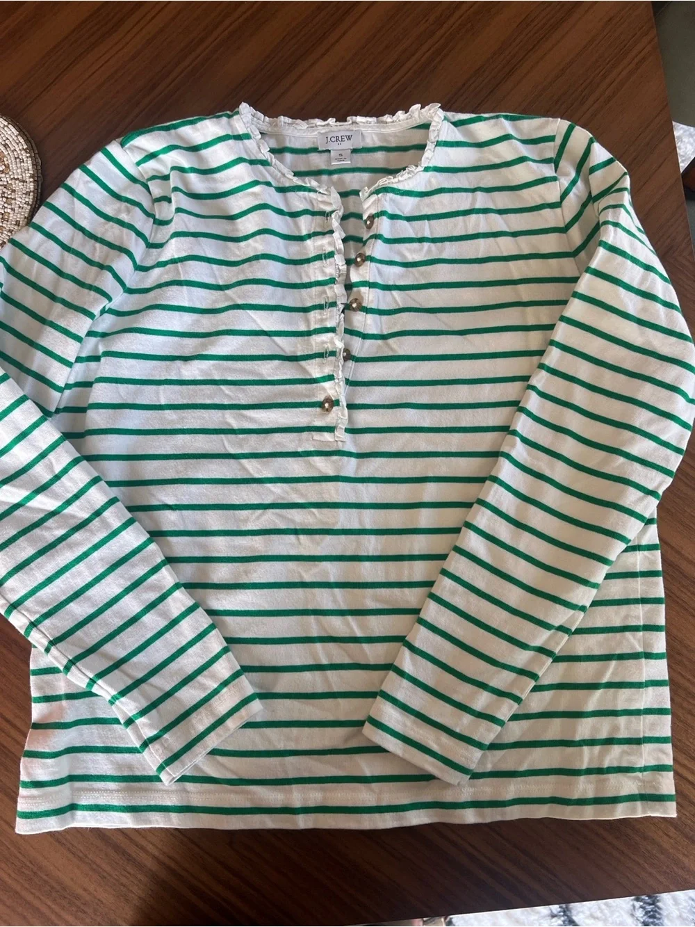 J. Crew Striped Green and White Ruffleneck Henley Top small